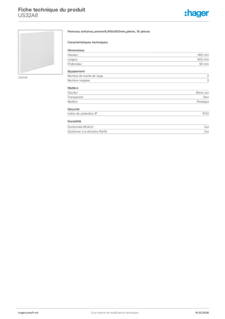 Image Hager Fiche technique du produit US32A8 | Hager Suisse