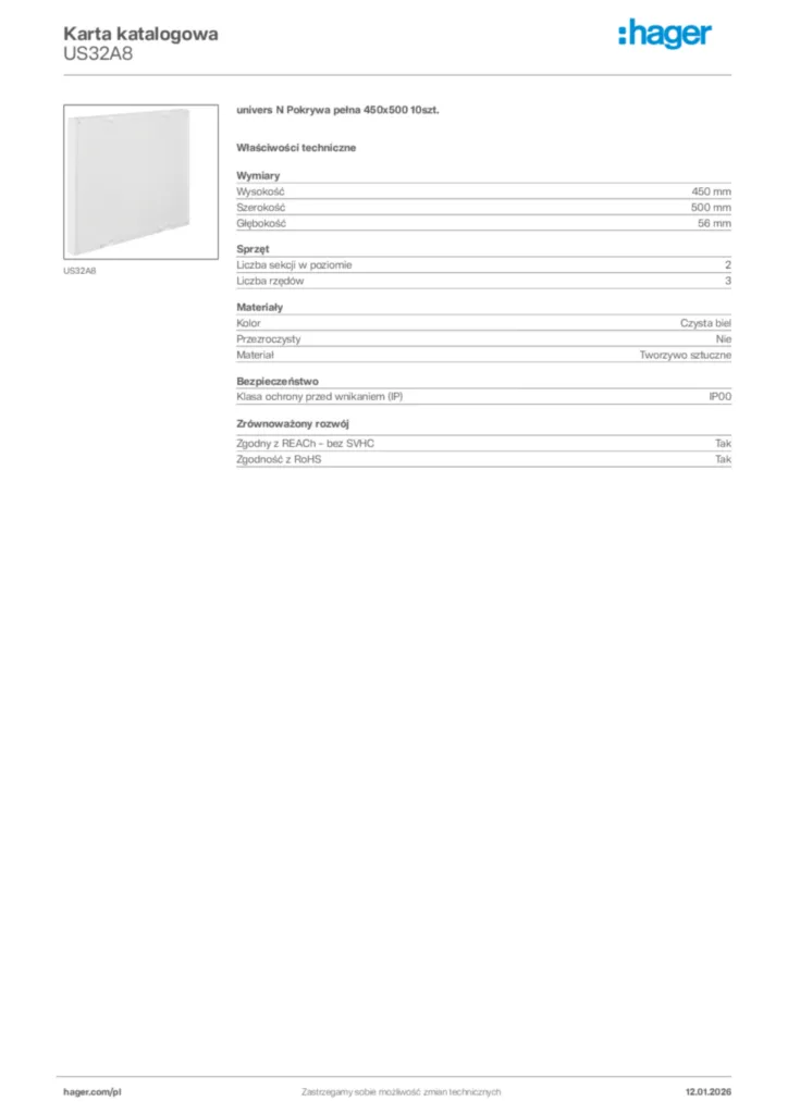 Zdjęcie Hager Karta katalogowa US32A8 | Hager Polska