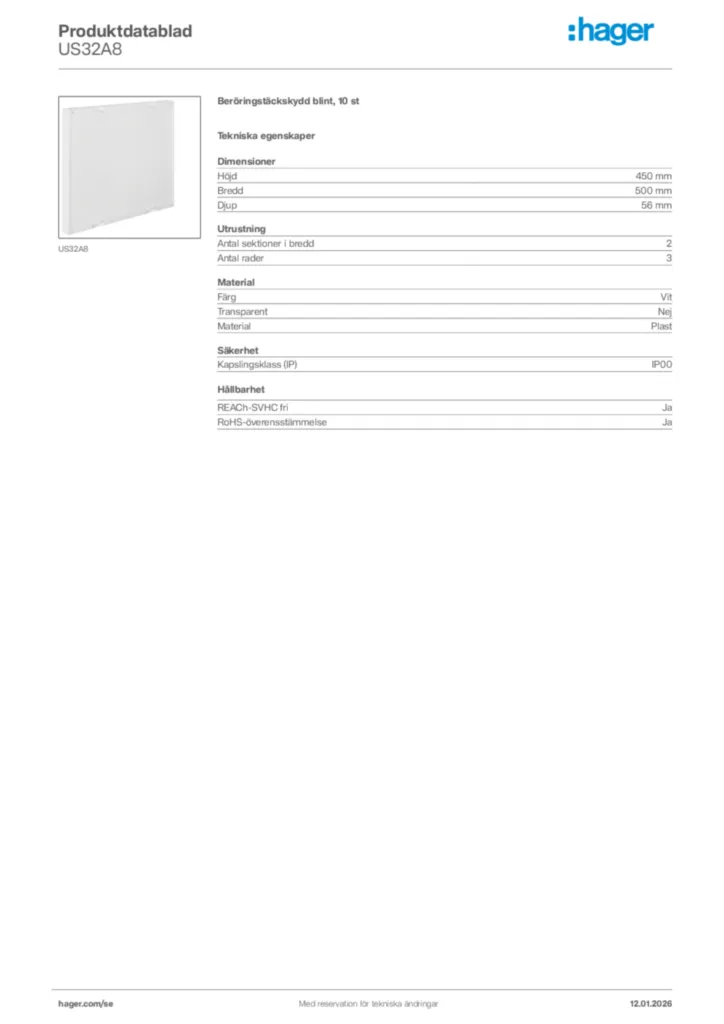 Bild Hager Produktdatablad US32A8 | Hager Sverige