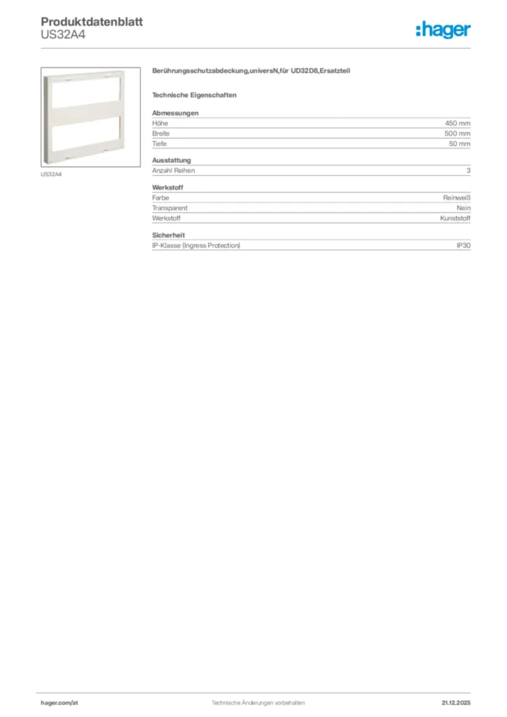 Bild Hager Produktdatenblatt US32A4 | Hager Deutschland