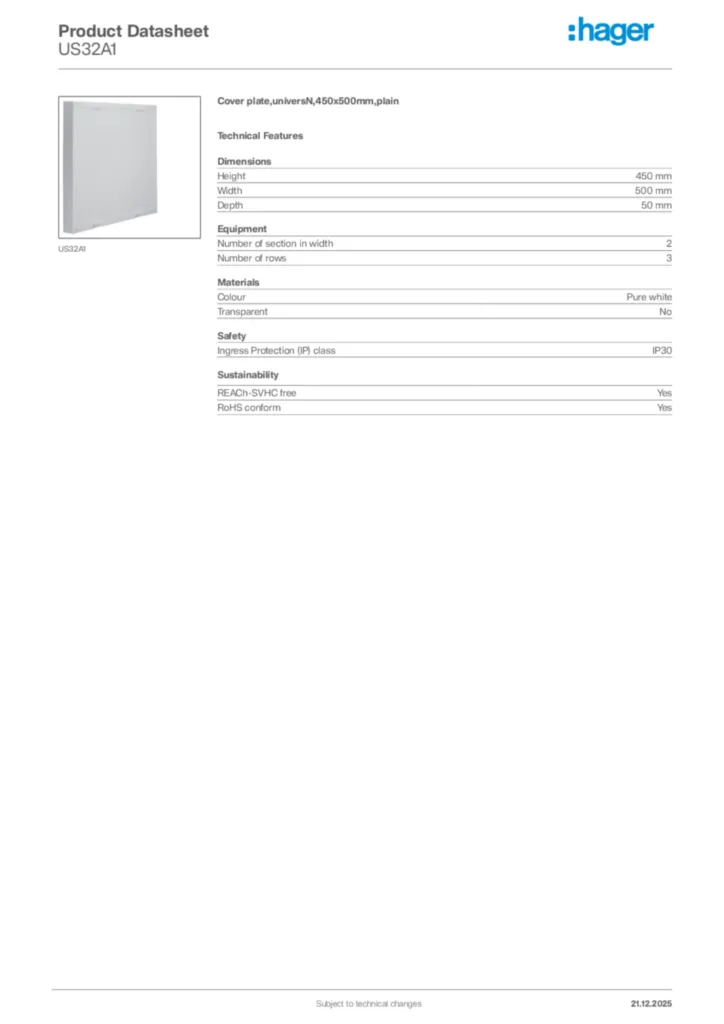 Image Hager Product data sheet US32A1  | Hager Africa