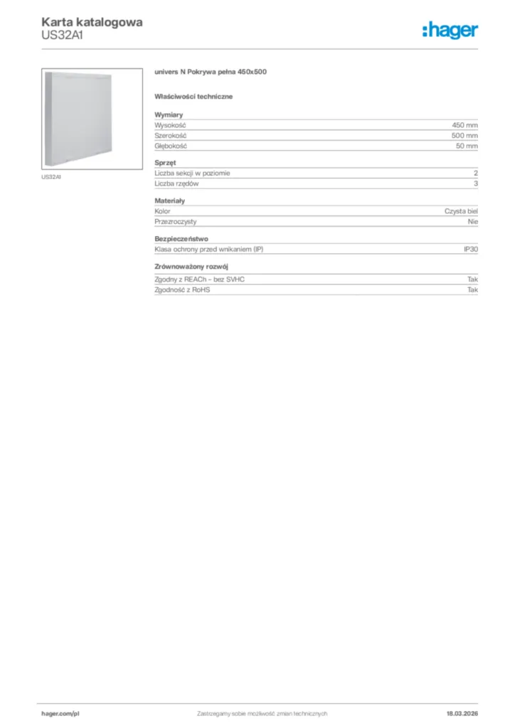 Zdjęcie Hager Karta katalogowa US32A1 | Hager Polska
