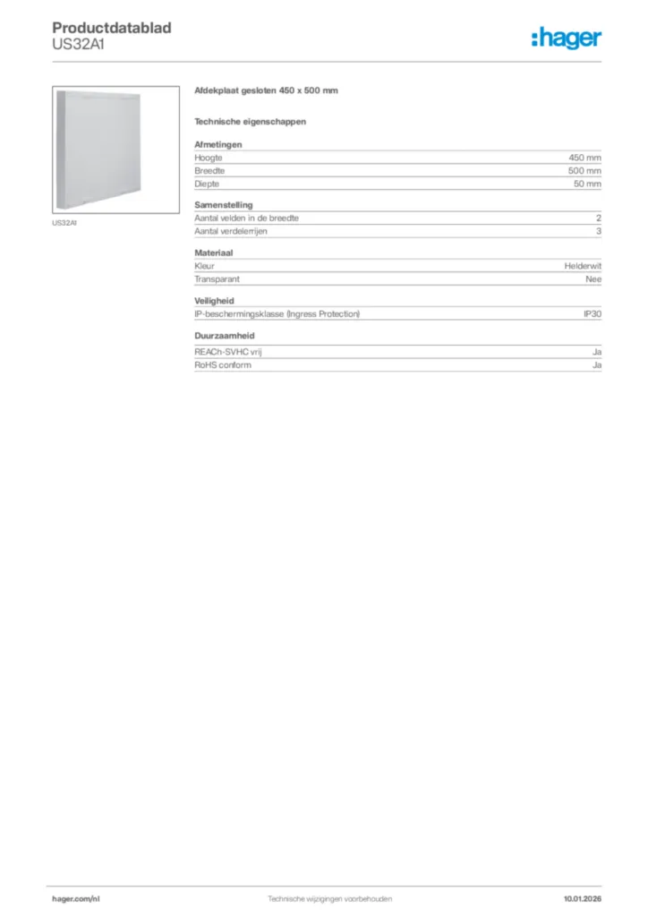 Afbeelding Hager Productdatablad US32A1 | Hager Nederland