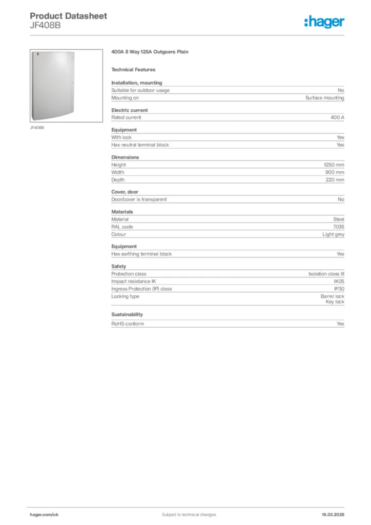 Image Hager Product data sheet JF408B  | Hager