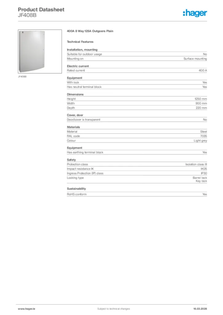 Image Hager Product data sheet JF408B  | Hager