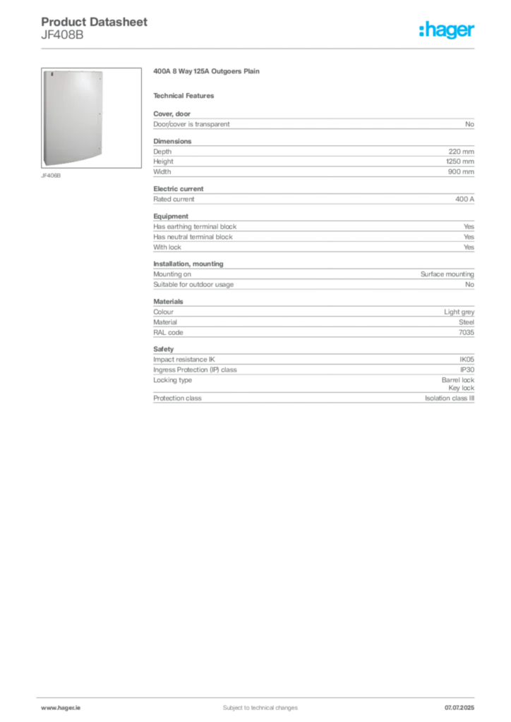 Image Hager Product data sheet JF408B  | Hager