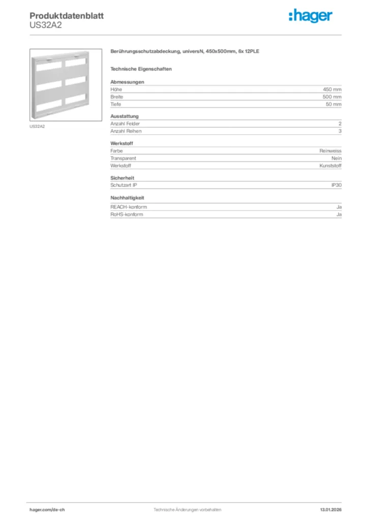 Bild Hager Produktdatenblatt US32A2 | Hager Schweiz