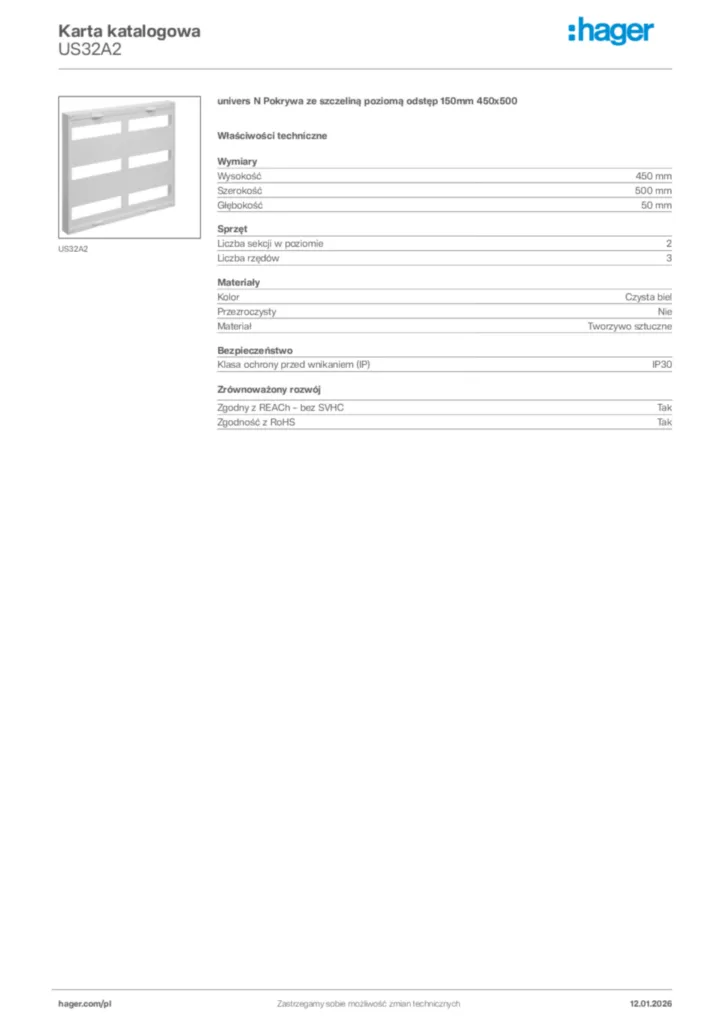 Zdjęcie Hager Karta katalogowa US32A2 | Hager Polska
