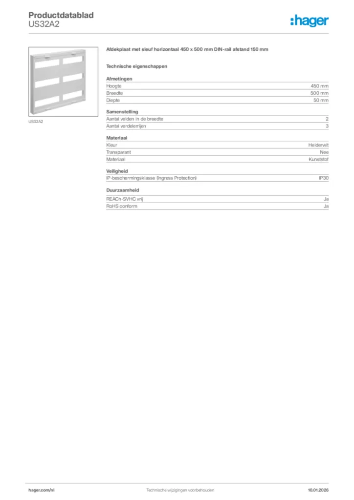 Afbeelding Hager Productdatablad US32A2 | Hager Nederland
