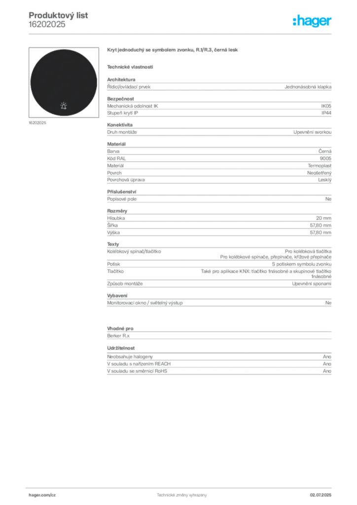 Obrázek Hager Produktový list 16202025 | Hager