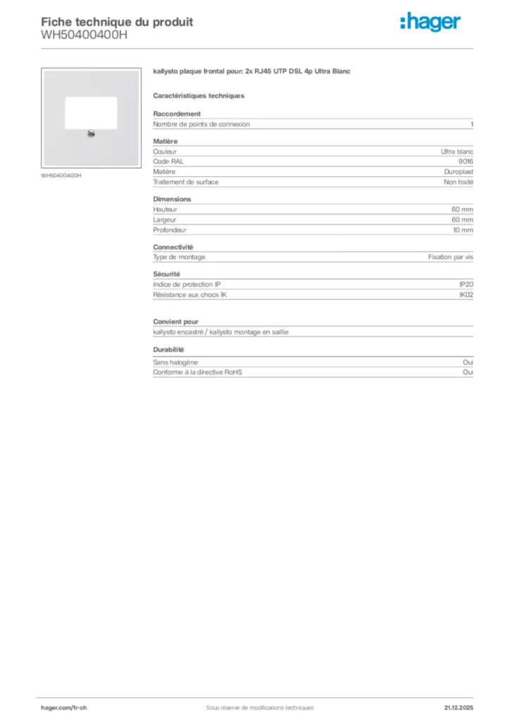 Image Hager Fiche technique du produit WH50400400H | Hager Suisse