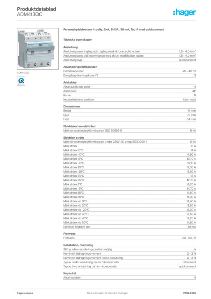 Bild Hager Produktdatablad ADM413QC | Hager Sverige