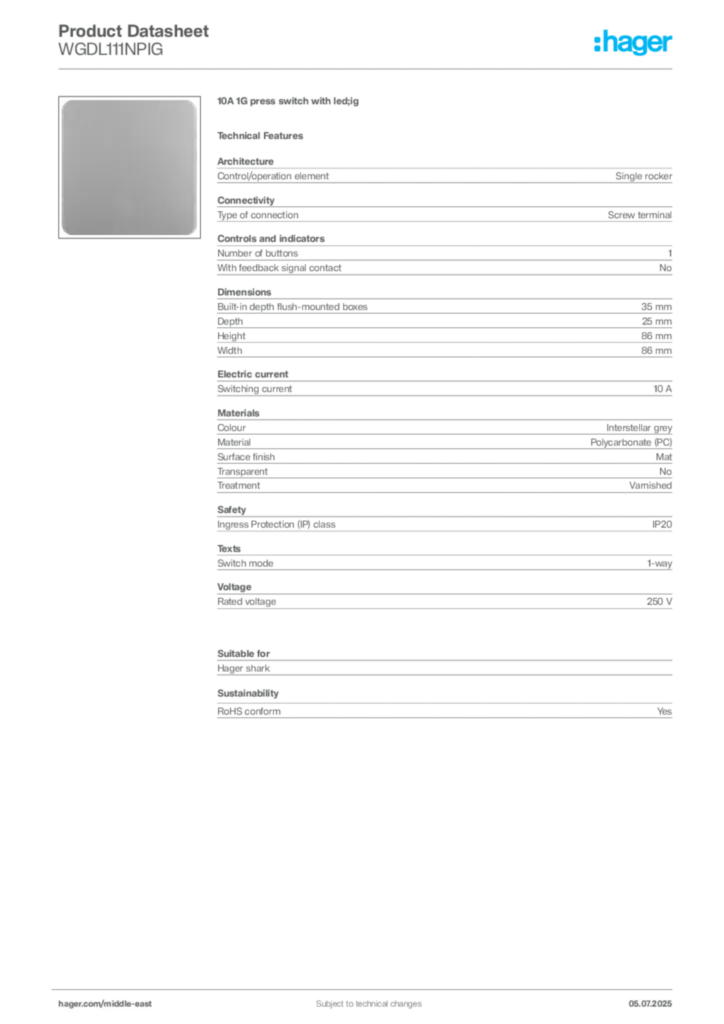 Image Hager Product data sheet WGDL111NPIG  | Hager