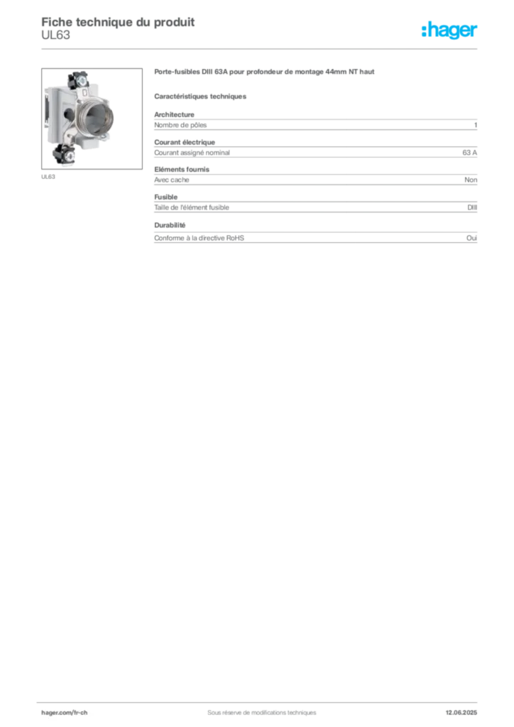 Image Hager Fiche technique du produit UL63 | Hager Suisse