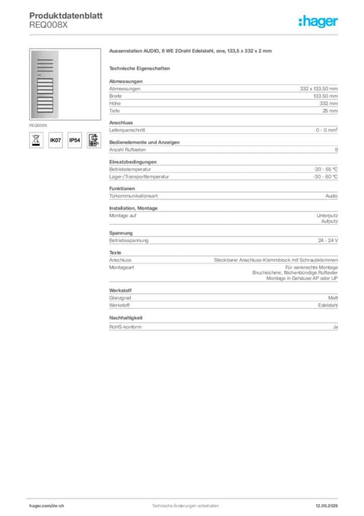 Bild Hager Produktdatenblatt REQ008X | Hager Schweiz
