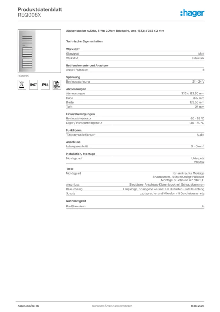 Bild Hager Produktdatenblatt REQ008X | Hager Schweiz
