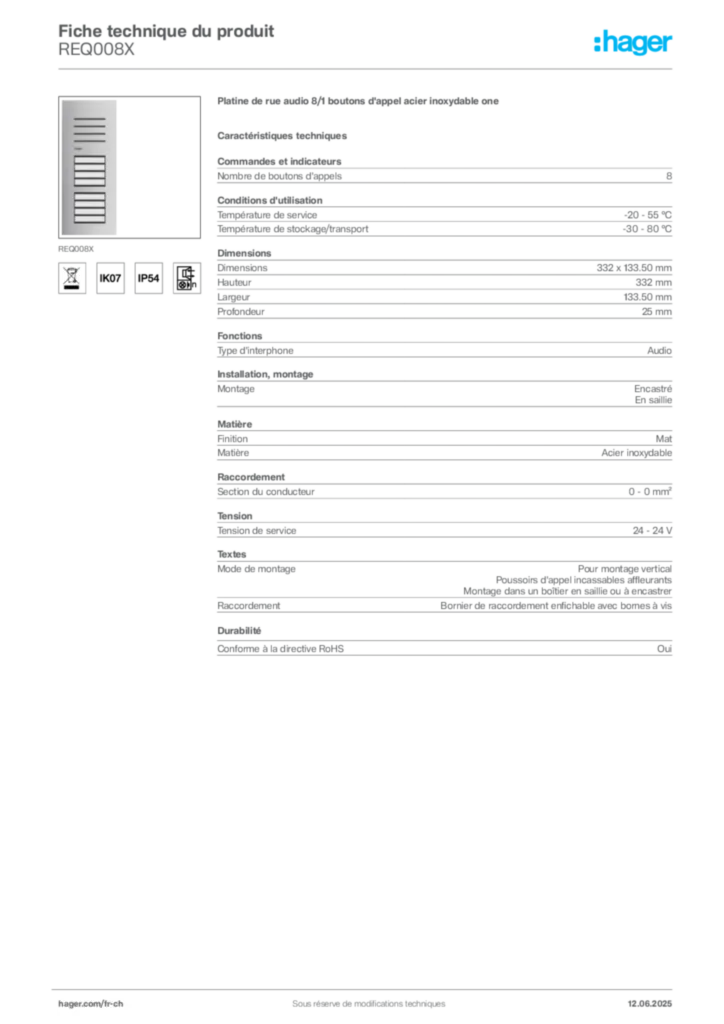 Image Hager Fiche technique du produit REQ008X | Hager Suisse