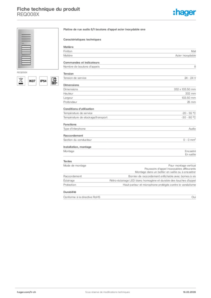 Image Hager Fiche technique du produit REQ008X | Hager Suisse