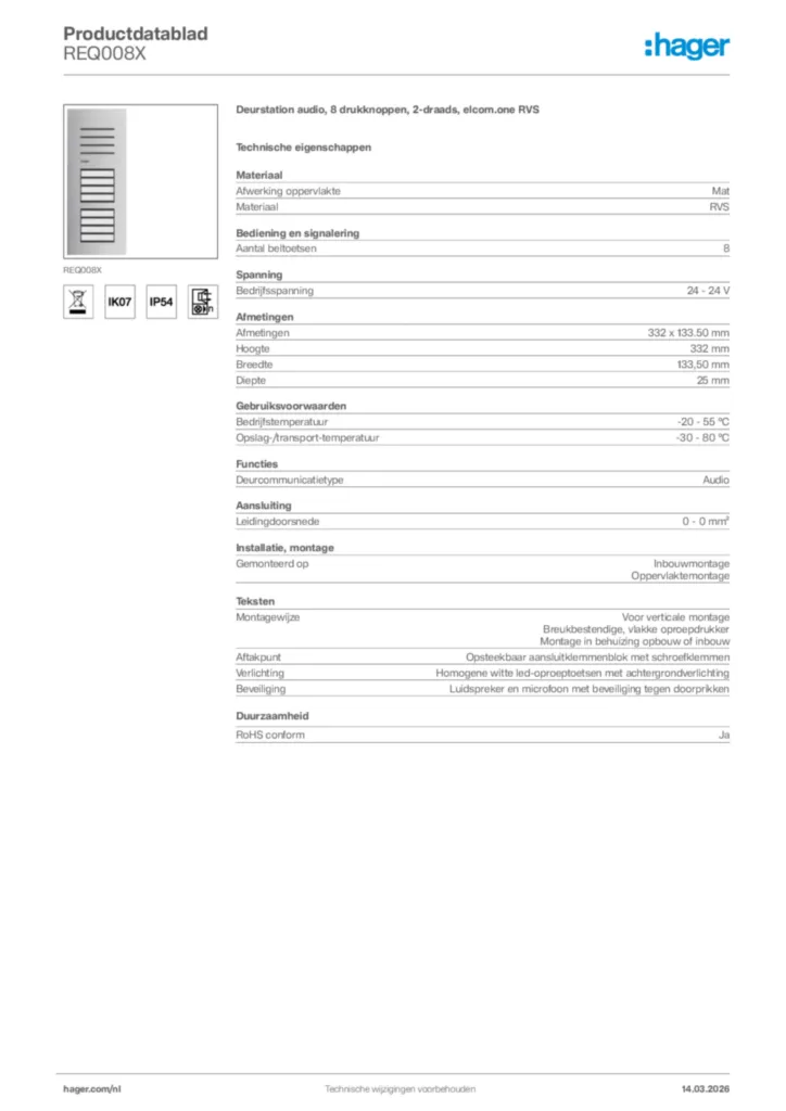 Afbeelding Hager Productdatablad REQ008X | Hager Nederland