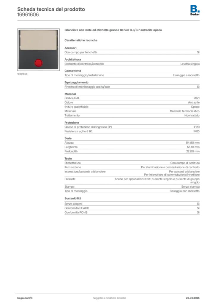 Immagine Berker Scheda tecnica del prodotto 16961606 | Hager Italia
