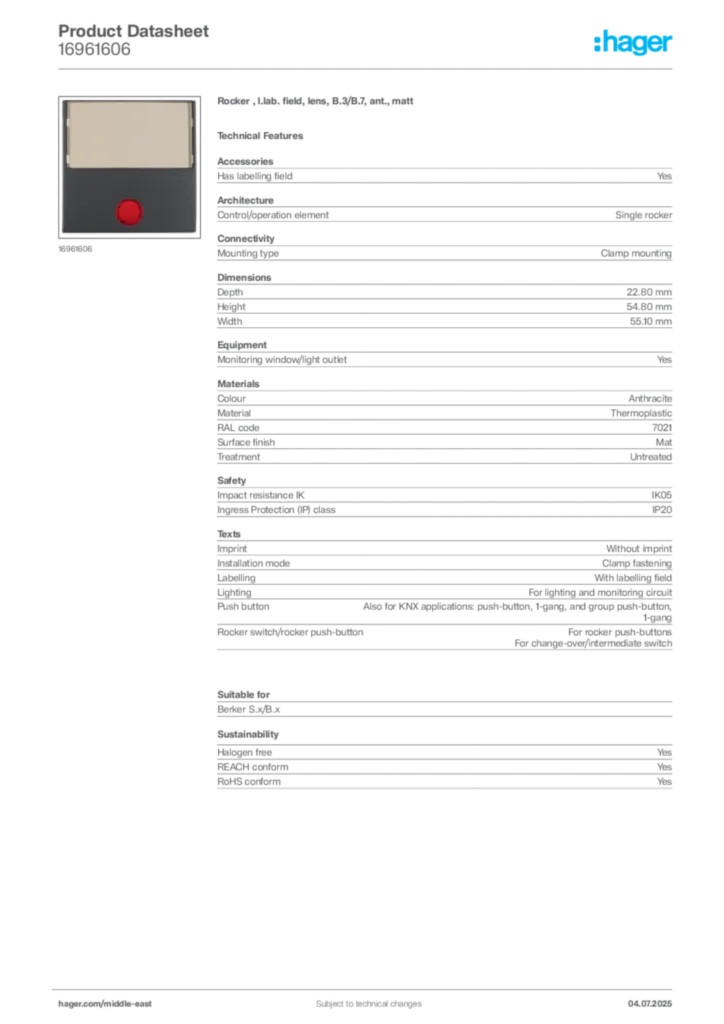 Image Hager Product data sheet 16961606  | Hager