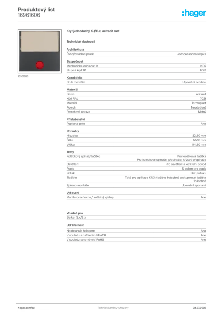 Obrázek Hager Produktový list 16961606 | Hager