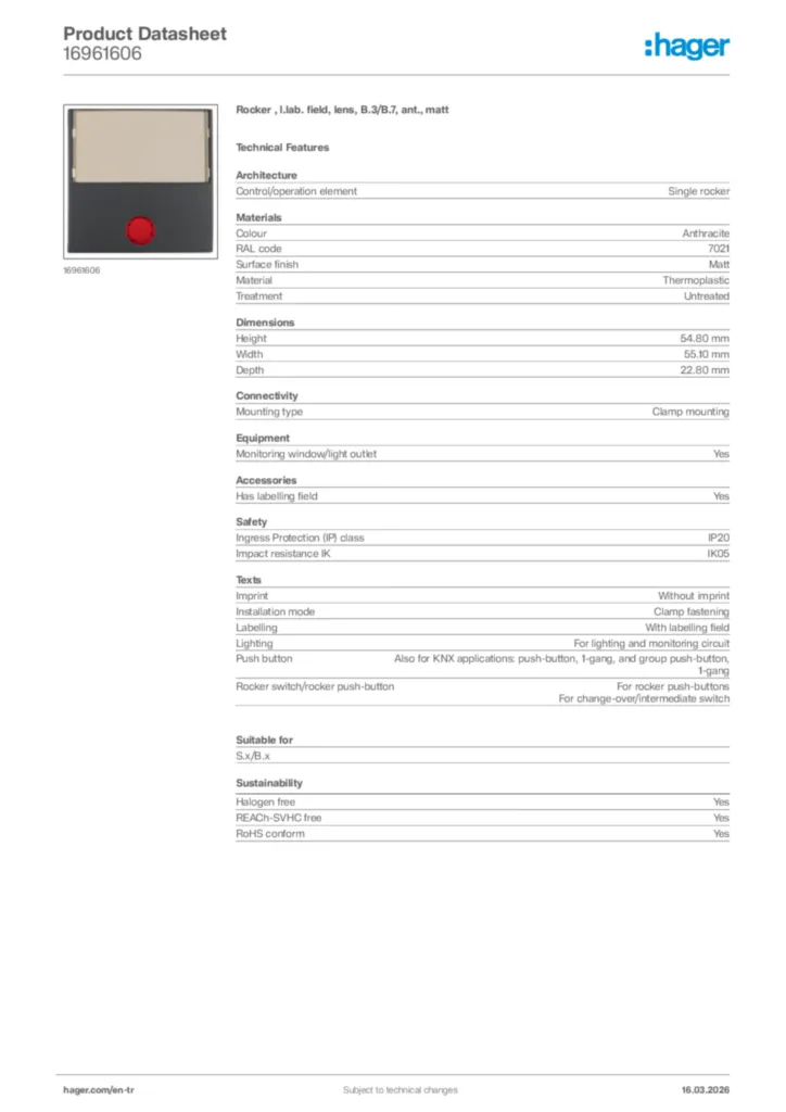 Image Hager Product data sheet 16961606  | Hager