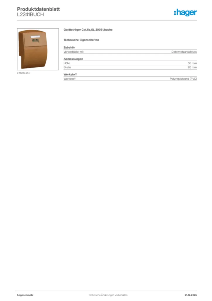 Bild Hager Produktdatenblatt L2241BUCH | Hager Deutschland