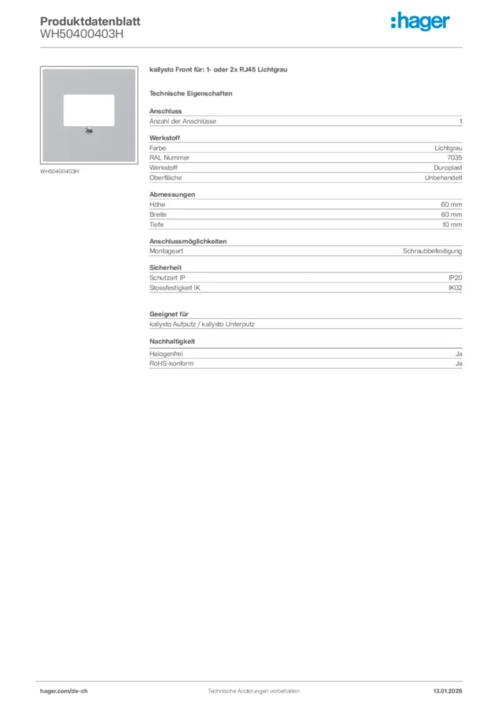 Bild Hager Produktdatenblatt WH50400403H | Hager Schweiz
