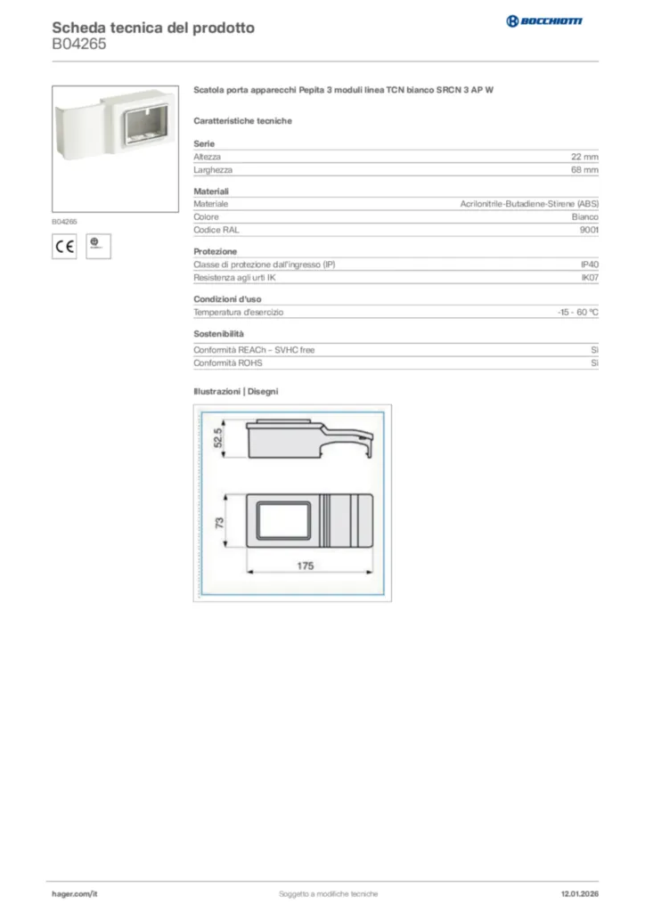 Immagine Bocchiotti Scheda tecnica del prodotto B04265 | Hager Italia