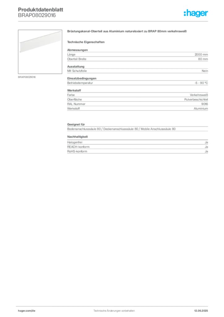 Bild Hager Produktdatenblatt BRAP08029016 | Hager Deutschland