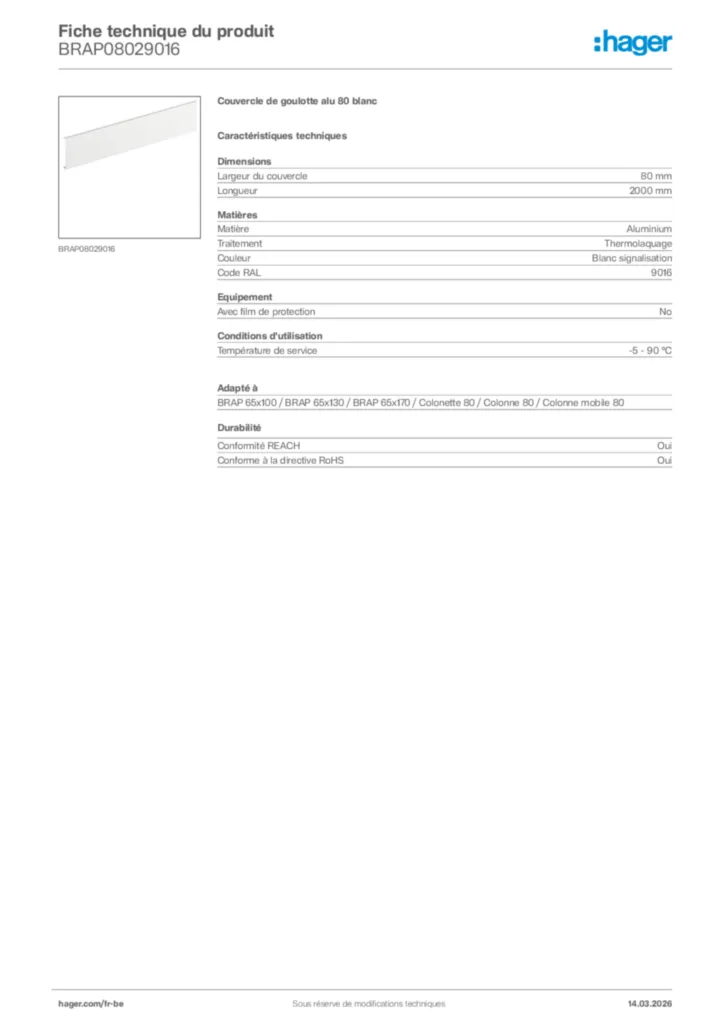 Image Hager Fiche technique du produit BRAP08029016 | Hager Belgique