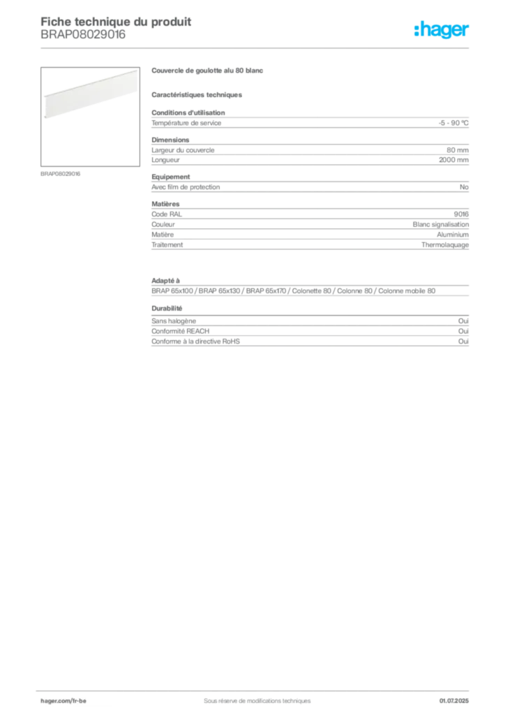 Image Hager Fiche technique du produit BRAP08029016 | Hager Belgique