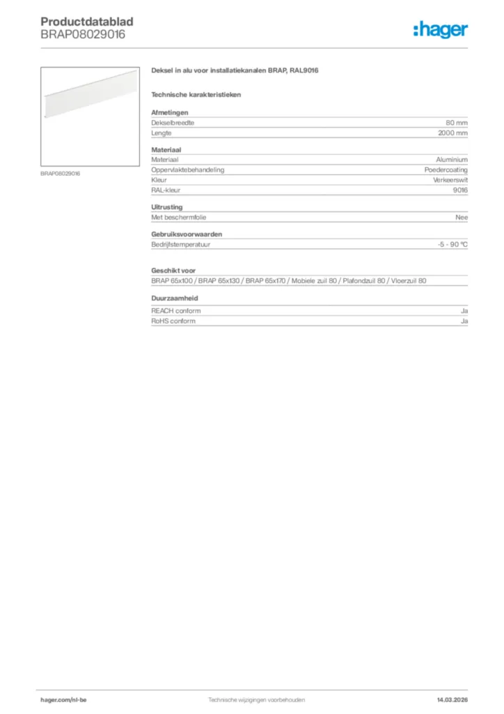 Afbeelding Hager Productdatablad BRAP08029016 | Hager Belgium