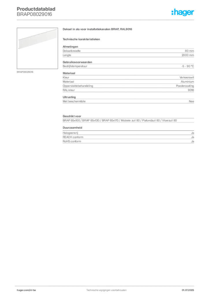 Afbeelding Hager Productdatablad BRAP08029016 | Hager Belgium