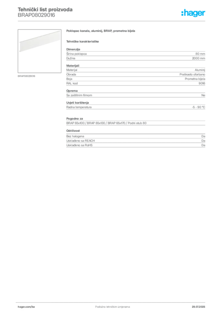 Slika Hager Product data sheet BRAP08029016  | Hager