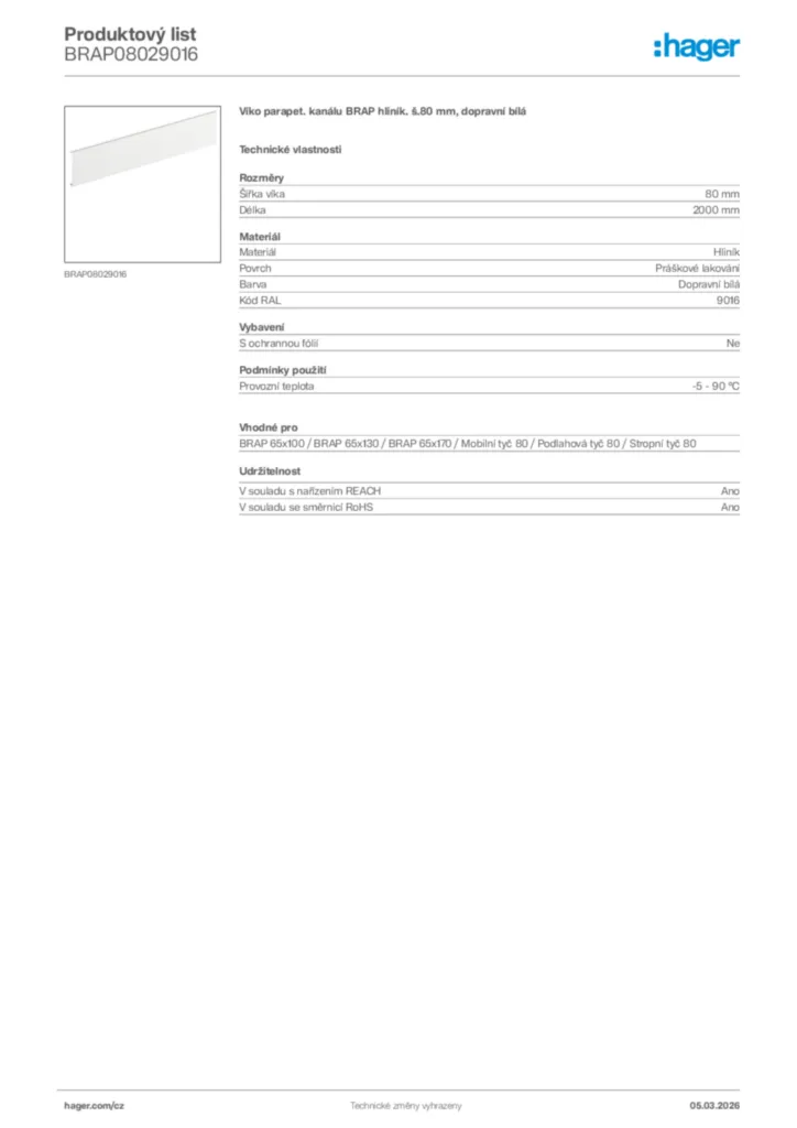Obrázek Hager Product data sheet BRAP08029016 | Hager