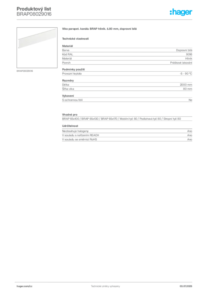 Obrázek Hager Produktový list BRAP08029016 | Hager