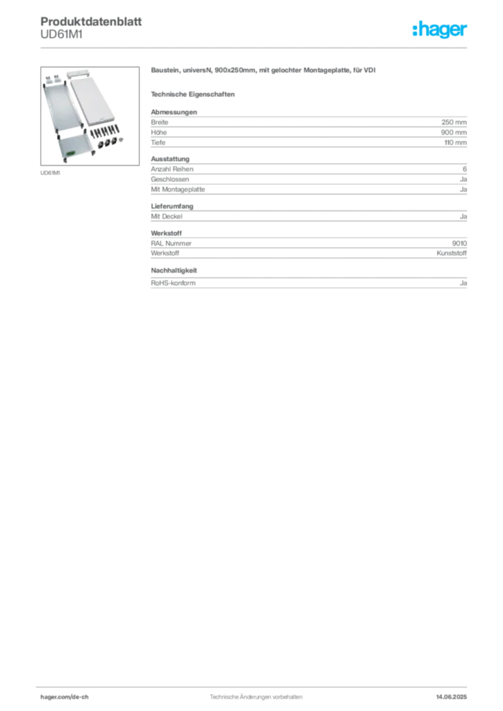 Bild Hager Produktdatenblatt UD61M1 | Hager Schweiz