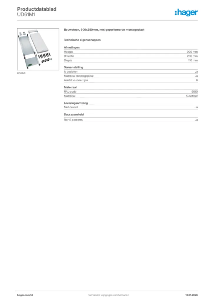 Afbeelding Hager Productdatablad UD61M1 | Hager Nederland