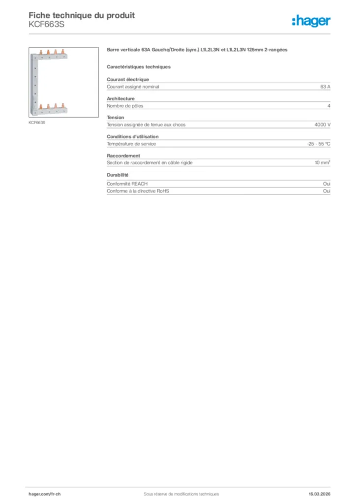 Image Hager Fiche technique du produit KCF663S | Hager Suisse