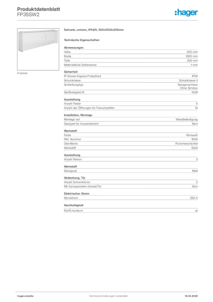 Bild Hager Produktdatenblatt FP35SW2 | Hager Deutschland