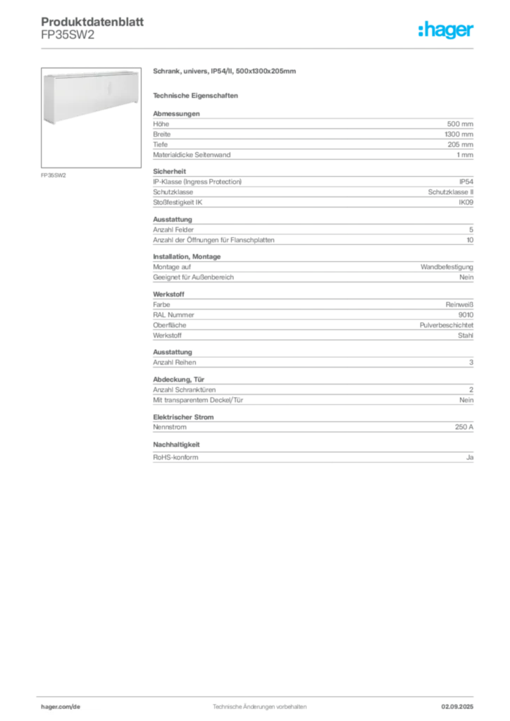 Bild Hager Produktdatenblatt FP35SW2 | Hager Deutschland