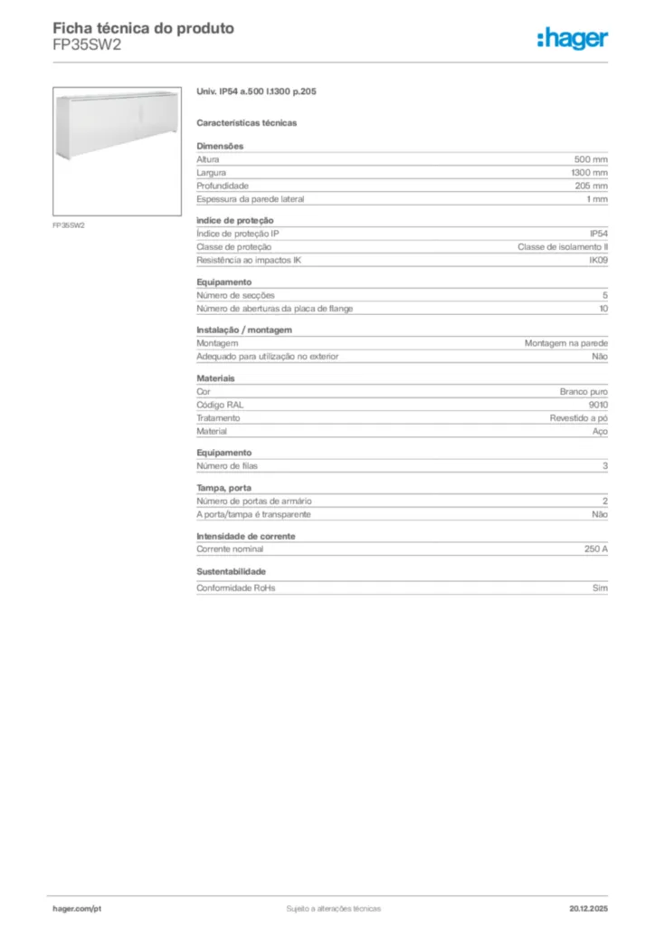 Imagem Hager Ficha técnica do produto FP35SW2 | Hager Portugal