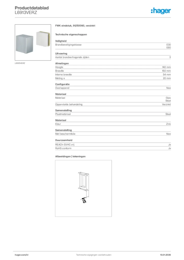 Afbeelding Hager Productdatablad L6913VERZ | Hager Nederland