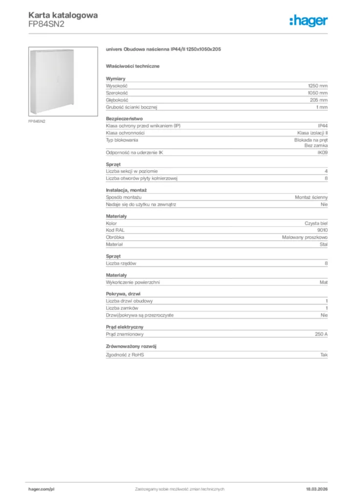 Zdjęcie Hager Karta katalogowa FP84SN2 | Hager Polska