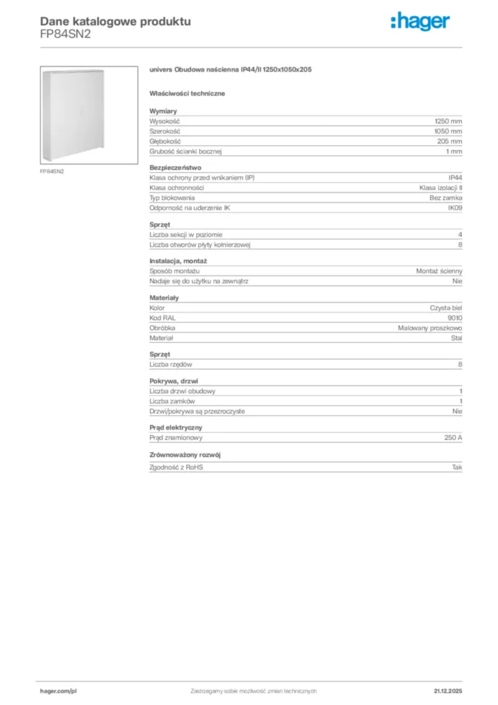 Zdjęcie Hager Dane katalogowe produktu FP84SN2 | Hager Polska