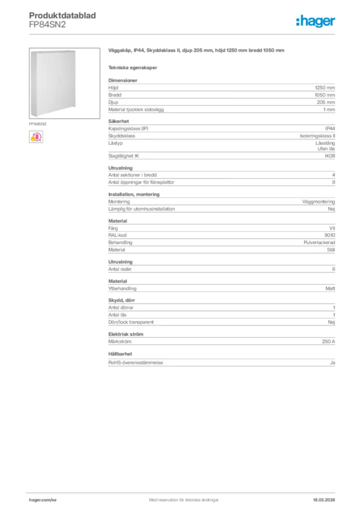 Bild Hager Produktdatablad FP84SN2 | Hager Sverige