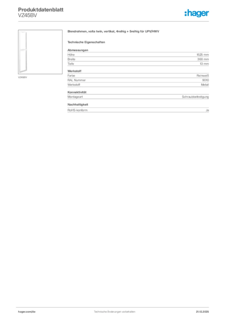 Bild Hager Produktdatenblatt VZ45BV | Hager Deutschland