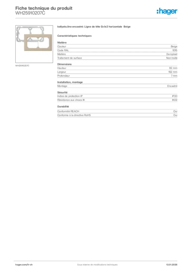 Image Hager Fiche technique du produit WH25910207C | Hager Suisse